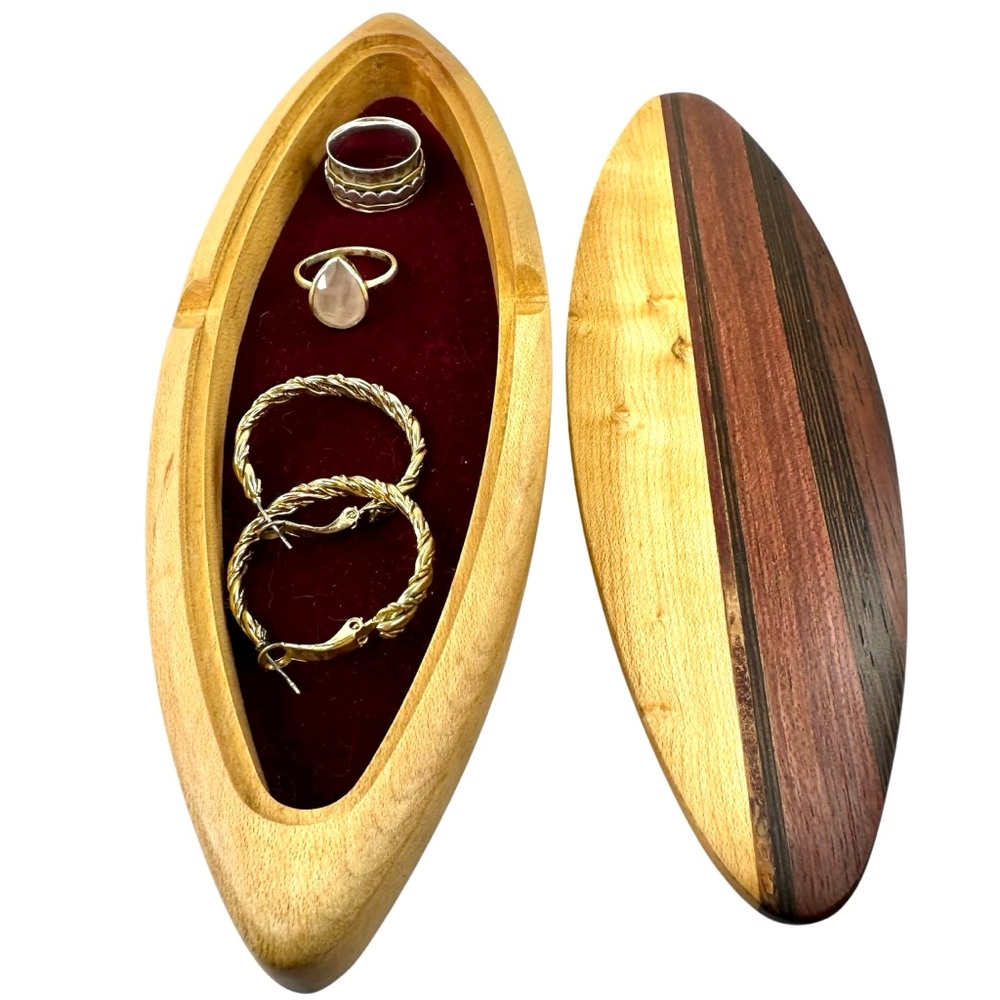 Handcrafted Wood Small Jewelry Box Birdseye Maple‎ Purple Heart Surfboard-Shaped